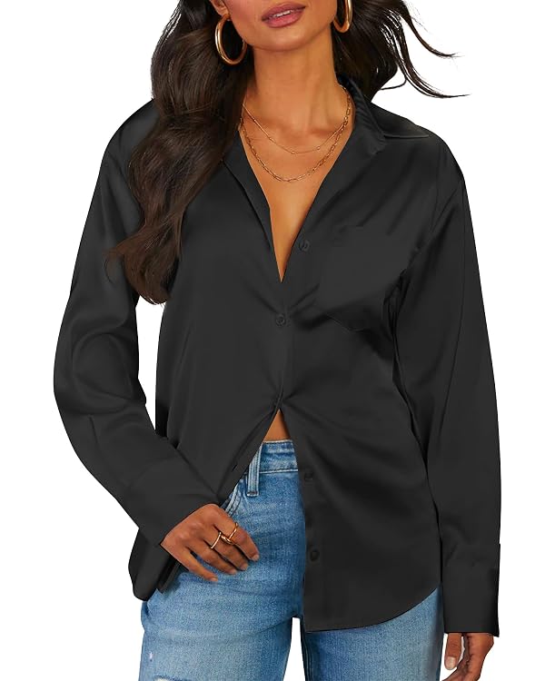Silk Shirts for Women Satin Shirt Blouses Button Down Black Top Up Dressy Tops Womens Blouse Long Sleeve Ladies Women's Dress Victorian Tops Black L by CBOO - Used condition - Image 2
