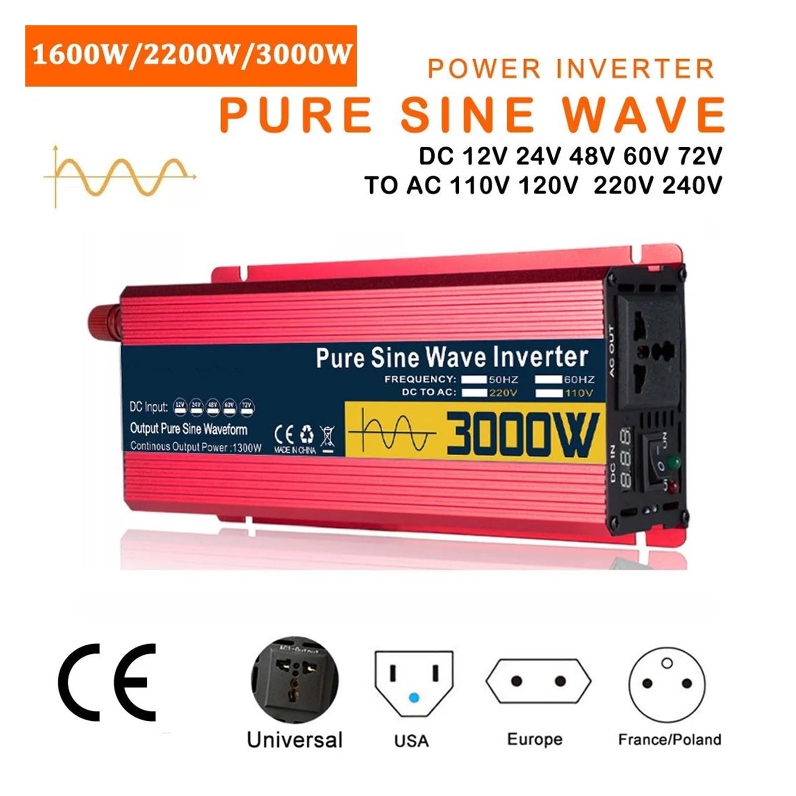 Convertidor Coche Onda Sinusoidal Pura 1600 W 2200 W 3000 W Transformador Potencia 12 V 24 V 48 V 60 V A CA 110 V 220 V 50 Hz 60 Hz Convertidor(48V,240V 60HZ,1600W)