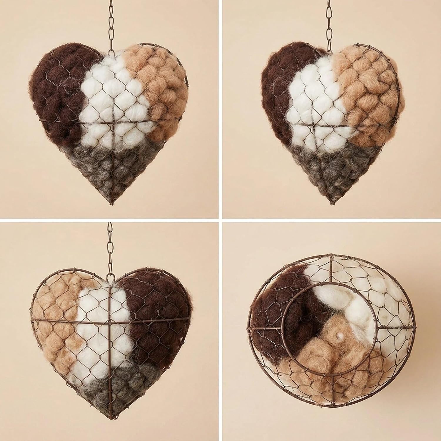 Handmade Alpaca Fiber Bird Nesting Heart - Winter Shelter for Wild Birds & Hummingbirds, Garden Art Nesting Material Holder, Outdoor Birdhouse Gift for Bird Lovers (2PCS)