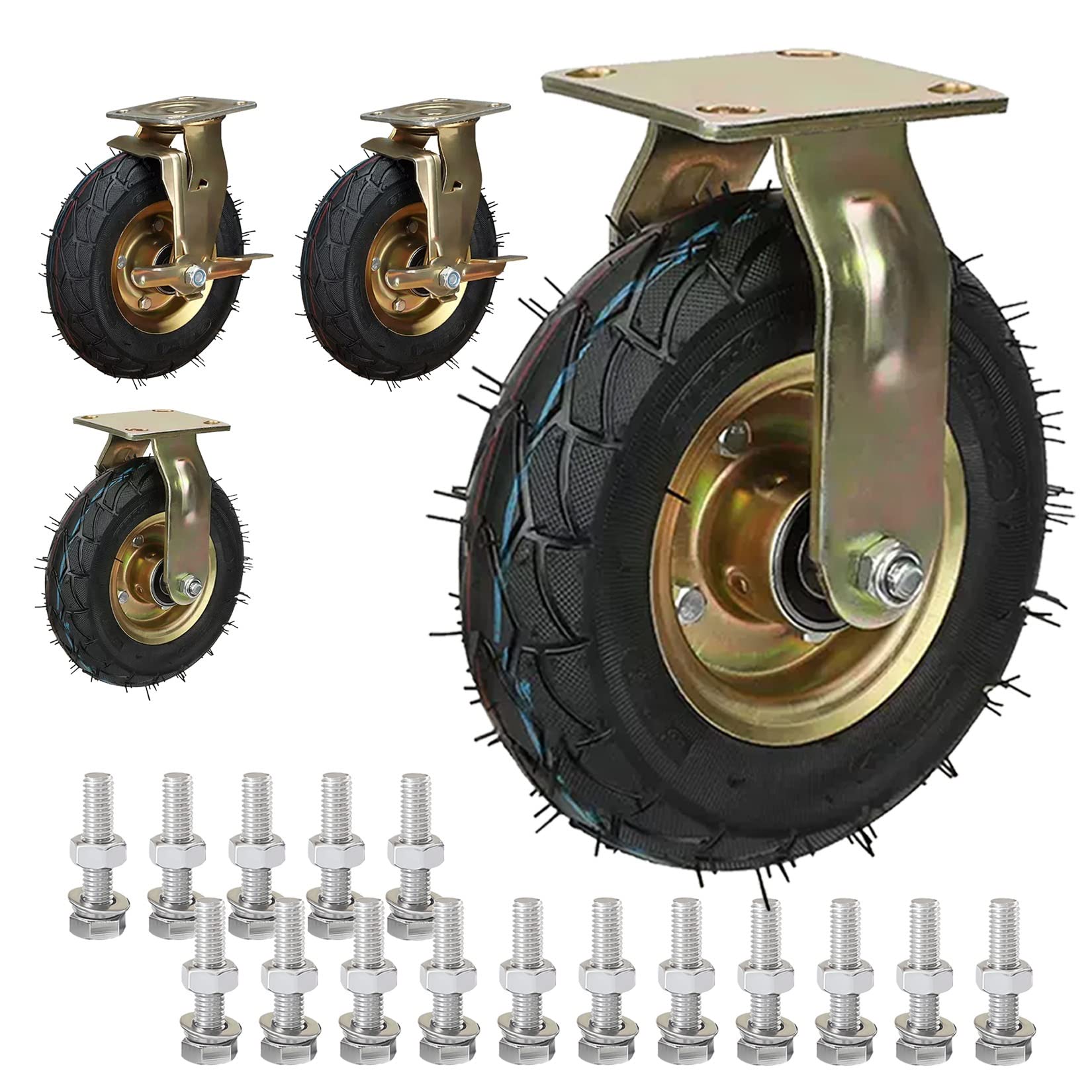 MXXQRHF Heavy Duty 8in 10in Caster Wheels Set of 4 Swivel Pneumatic Rubber Casters with Side Brakes Silent Movement 770Lbs Load Capacity for Industrial/Commercial Use