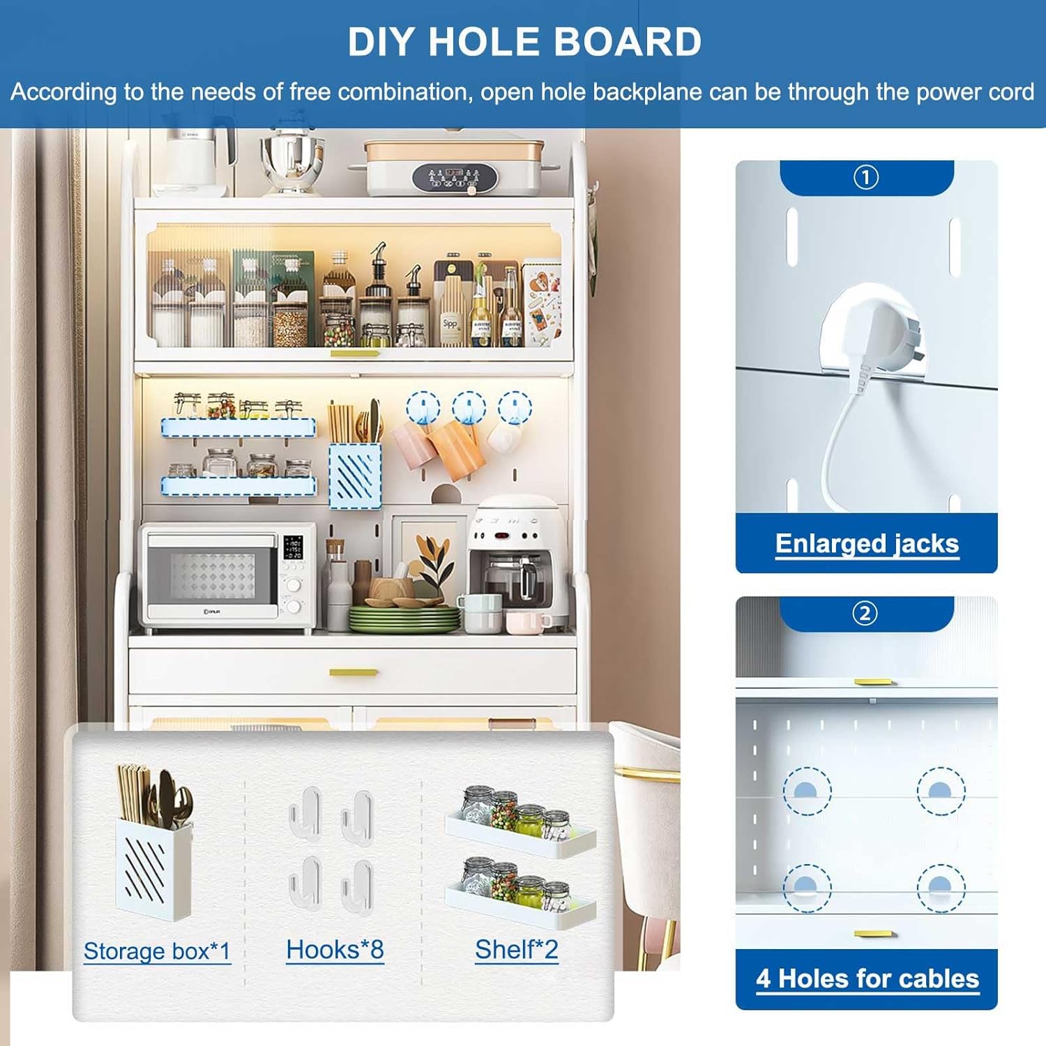 Black 5 Tier Kitchen Bakers Rack with Adjustable Shelf and Storage Drawer Multifunctional Microwave Stand Buffet Coffee Bar Cabinet Pantry Organizer for Tall Spaces.