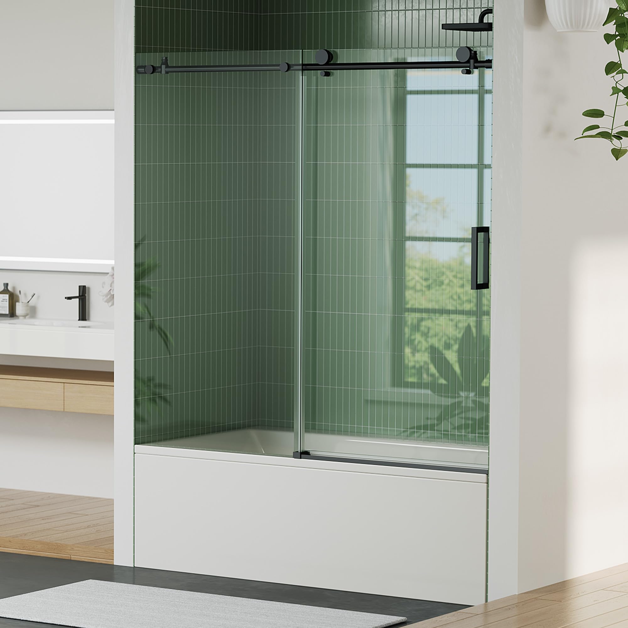 56"-60" W x 59" H Sliding Shower Door, Frameless Bypass Bathroom Door with 1/4"(6mm) Tempered Glass,Matte Black Finish for Walk-in Shower