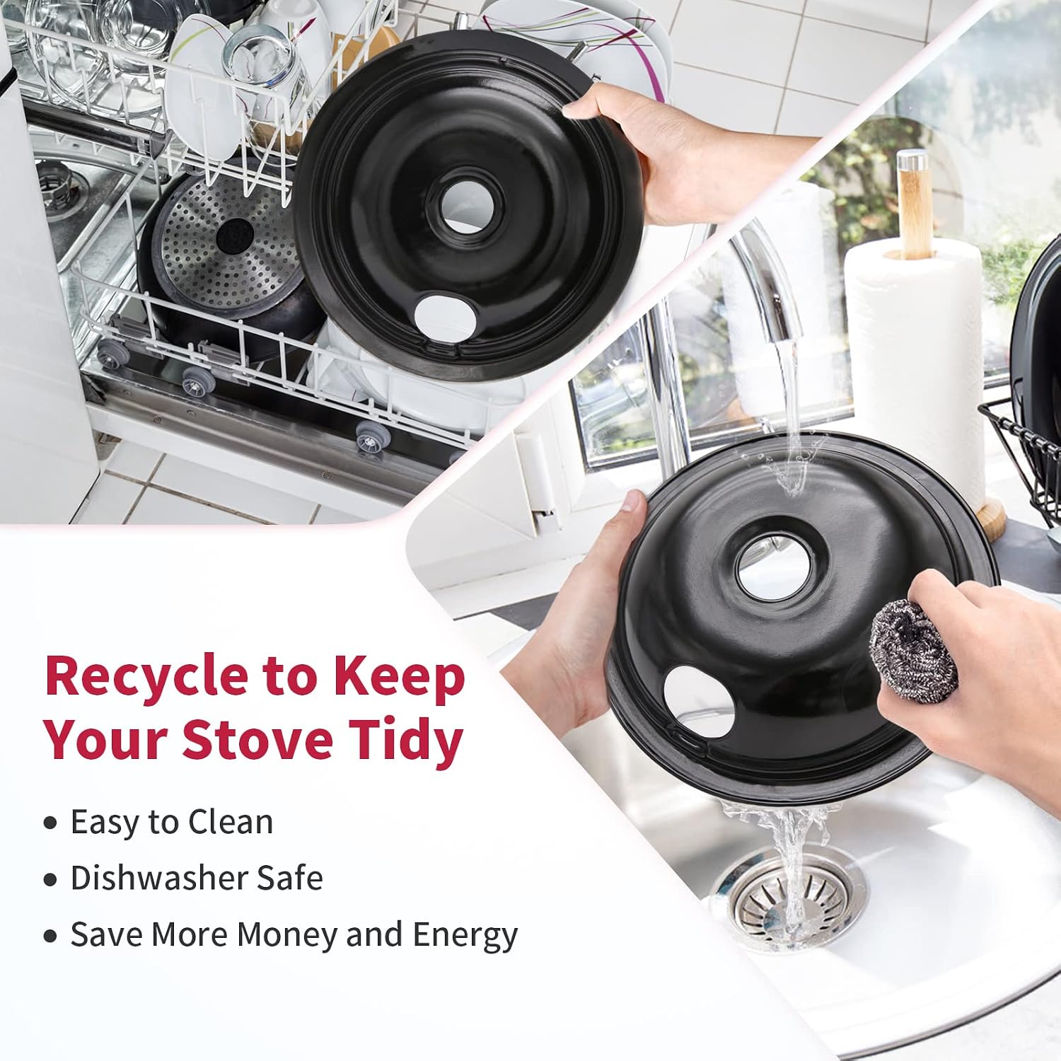 Black Stove Burner Drip Pans for Electric Stove Top - 318067051 5304430150 Perfectly Fit Frigidaire Kenmore Electric Range - 10% Energy Save by Enamel Spraying -2 x 6 in, 2 x 8 in