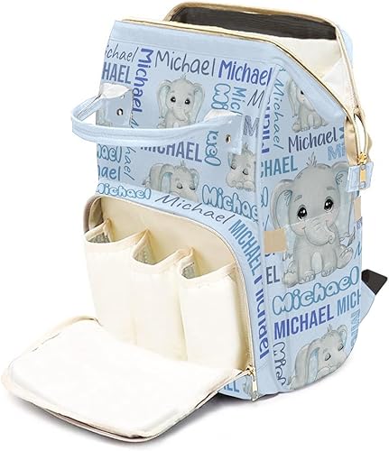 Miniatura 7 de Mochila de pañales personalizada con diseño de elefante lindo para bebé, mochila multifuncional con nombre personalizado para recién nacido con