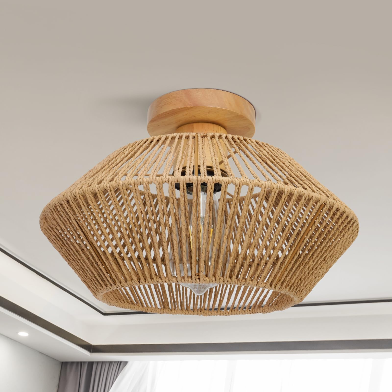 Phegittg Rattan Hand Woven Semi Flush Mount Ceiling Light, Natural ...