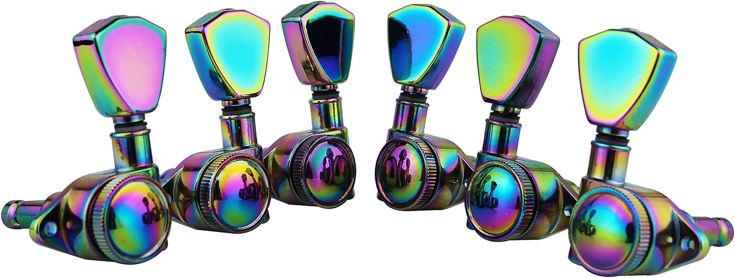 Guyker Guitar Locking Tuners (3L + 3R) - 1:21 Models Rear Lock String Tuning Key Pegs Machine Head with Trapezium Handle Replacement for Electric, Folk or Acoustic Guitars - Chameleon Rainbow