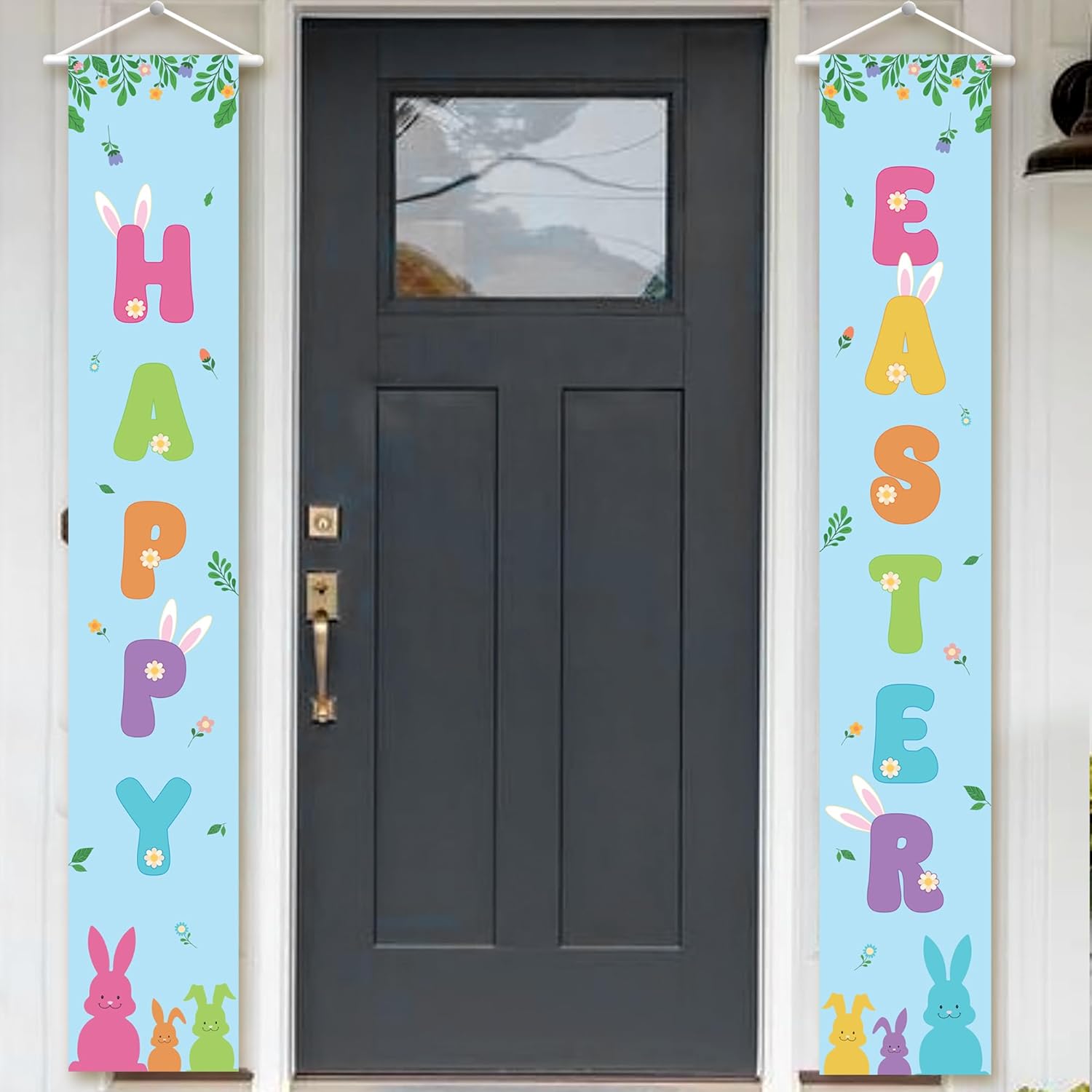 KatchOn, Large Happy Easter Banner - 2 Pieces, 72x12Inch | Happy Easter Porch Sign | Easter Banners for Easter Decor | Easter Door Banner, Easter Door Decorations or Happy Easter Decorations