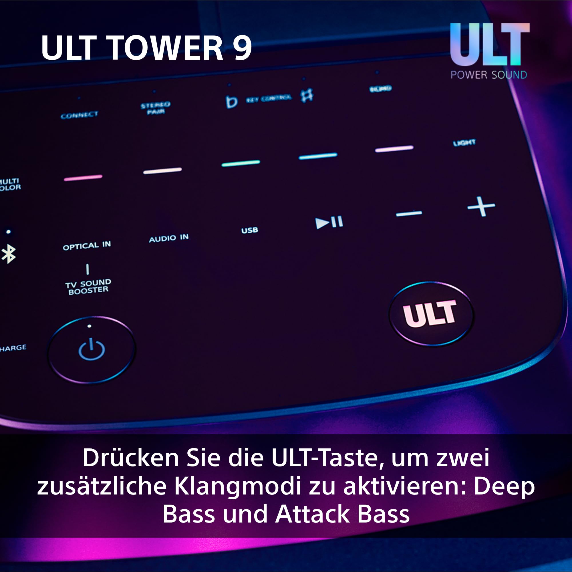 Sony ULT Tower 9 - Ultimativer Bluetooth-Party-Lautsprecher, 25 Stunden Batterie- und Netzbetrieb, 2 ULT Power Sound Modi, X-Balanced Speaker, 360° Beleuchtung & Sound, Karaoke-Eingänge - Schwarz