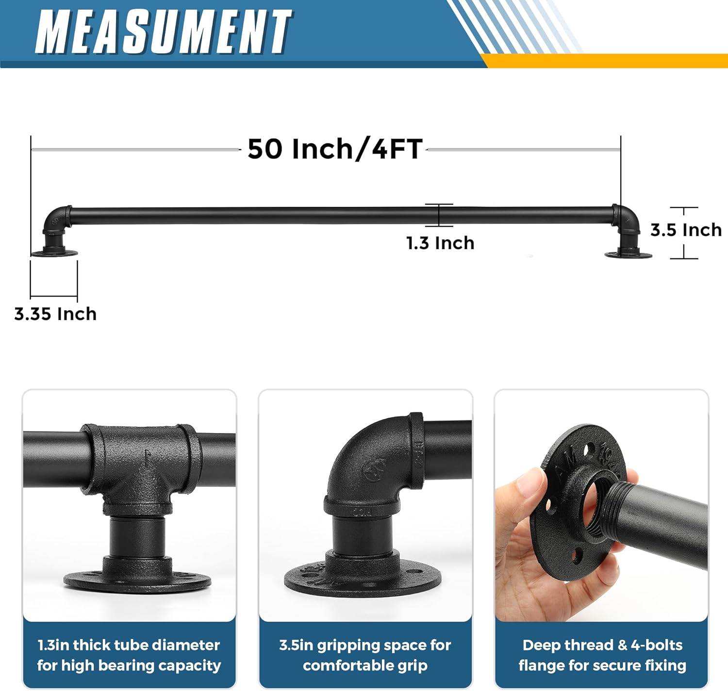 Stair Railing Indoor - 4FT Handrails for Indoor Stairs Wrought Iron Railing ?1.3 Stair Railing Indoor Metal Pipe Handrails Black Industrial Pipe Staircase Wall Mounted Grab Bars for Stairs Handrail 4 Feet
