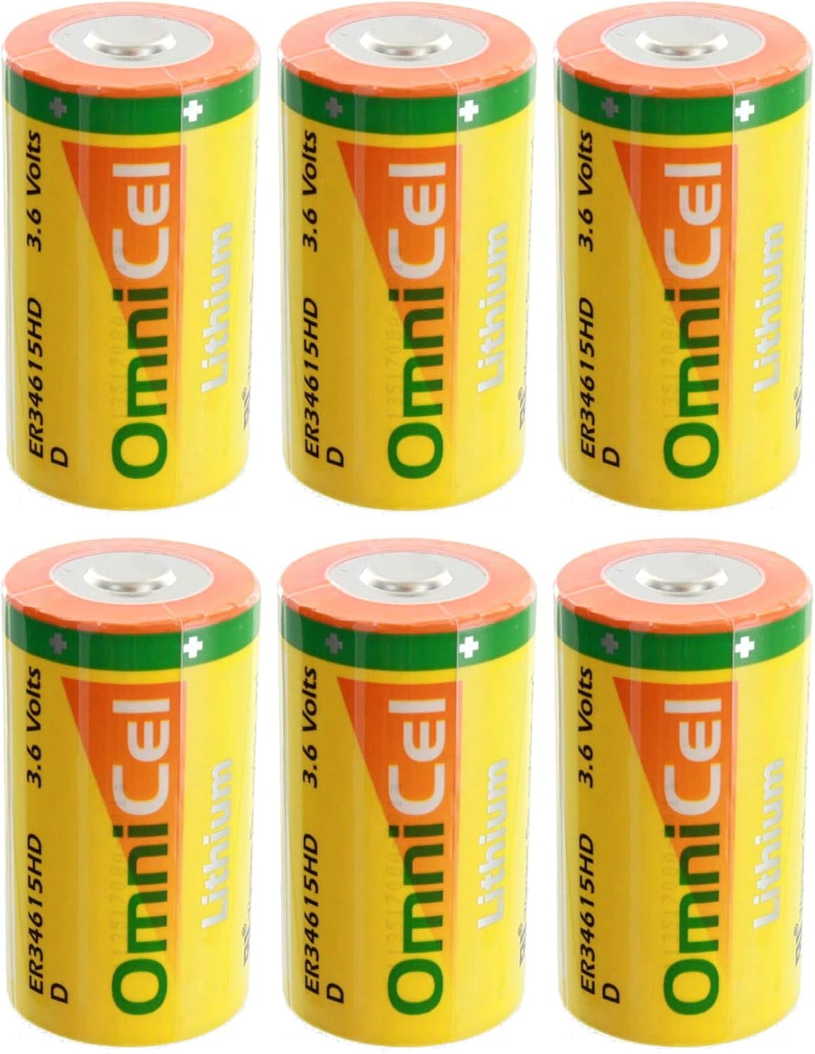 6x OmniCel ER34615HD 3.6V 13Ah Size D Lithium Standard Terminal For Emergency Backup, Data Collection, AMR Add-ons, Smoke Alarms, Carbon Monoxide Detectors, Intrusion Sensors