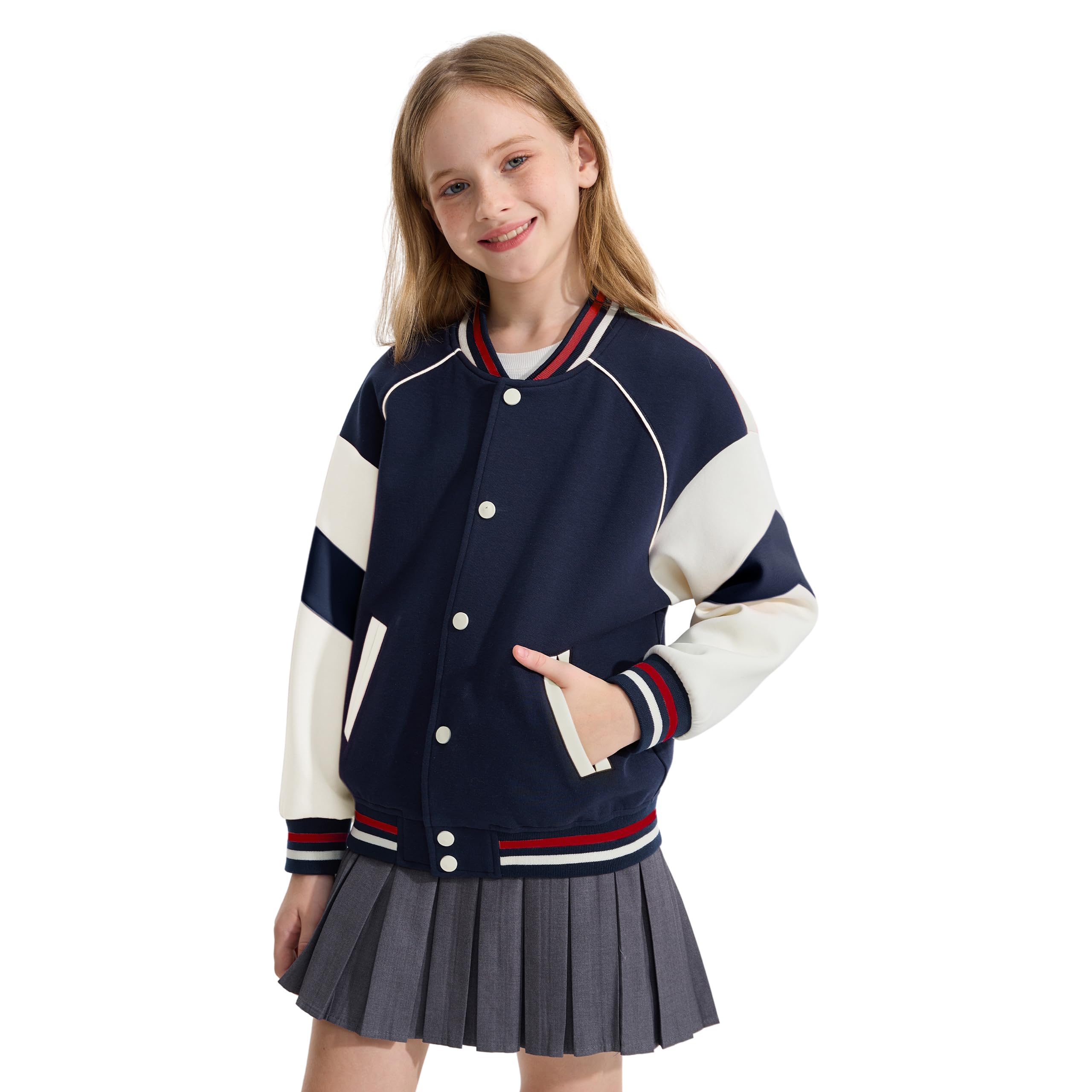 Rolanko Veste de Baseball pour Filles, Style Universitaire D'école avec Poches, Garçons Manteau Aviateur, Blousons pour Enfants
