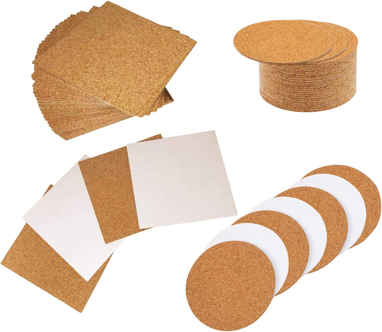 Self-Adhesive Cork Round and Square, Seasonsky 80 Pack Cork Backing Sheets for Wall Decoration, Party Supplies Coasters and DIY Crafts