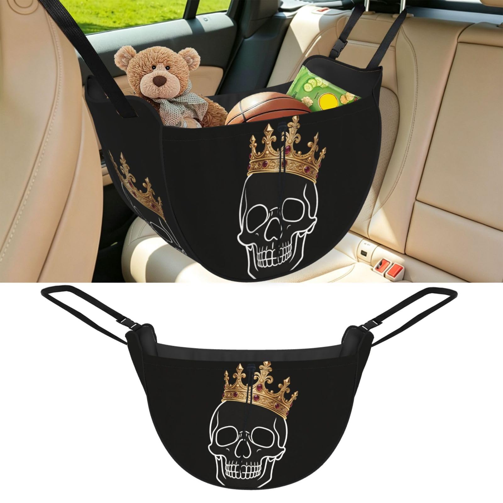 Cntdbu Black Crown Skull Flat Car Seat Organizer-Backseat Storage Bag For Travel