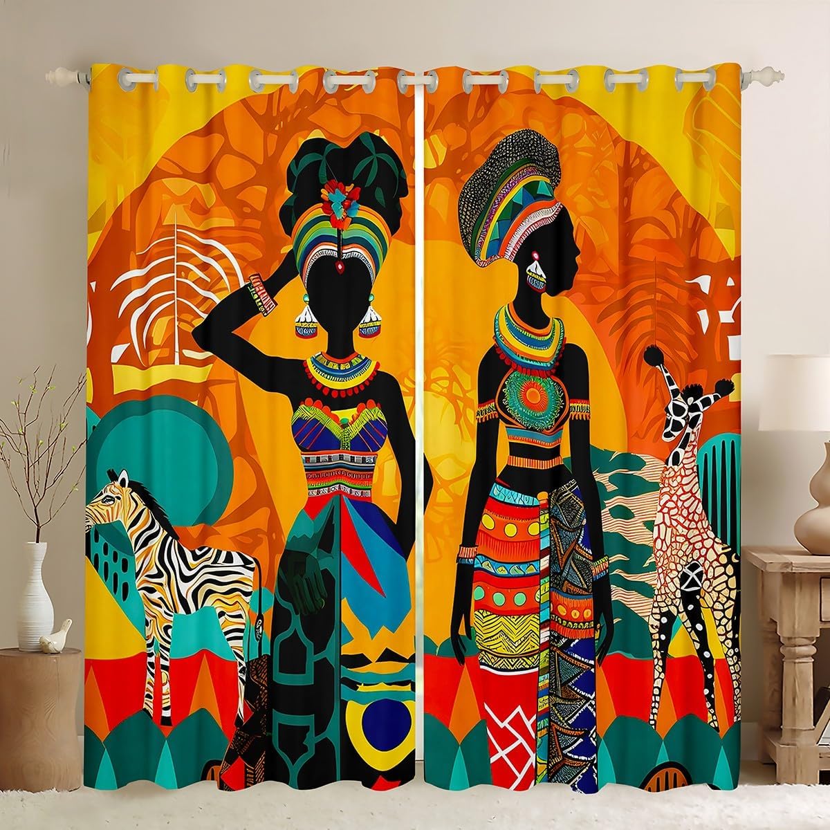 Feelyou Black Woman Thermal Insulated Drapes Ethnic Afro African Curtain Traditional Exotic Curtains for Bedroom Tribal Window Treatment 52W x 84L inches