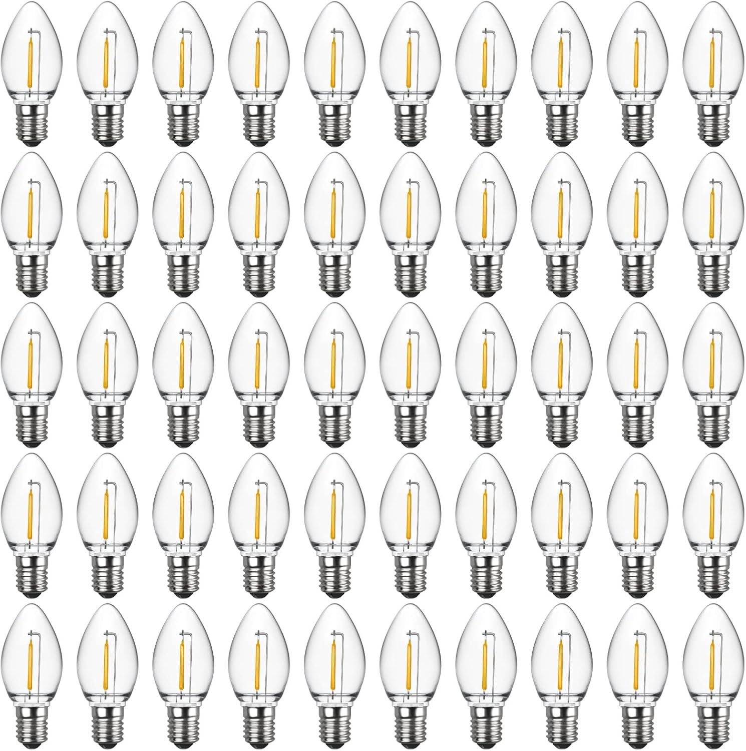Meconard C7 Led Replacement Christmas Light Bulbs, C7 Shatterproof Led Bulbs for Christmas Outdoor String Lights, E12 Candelabra Base, Commercial Grade Holiday Bulbs, Warm White, 50 Pack
