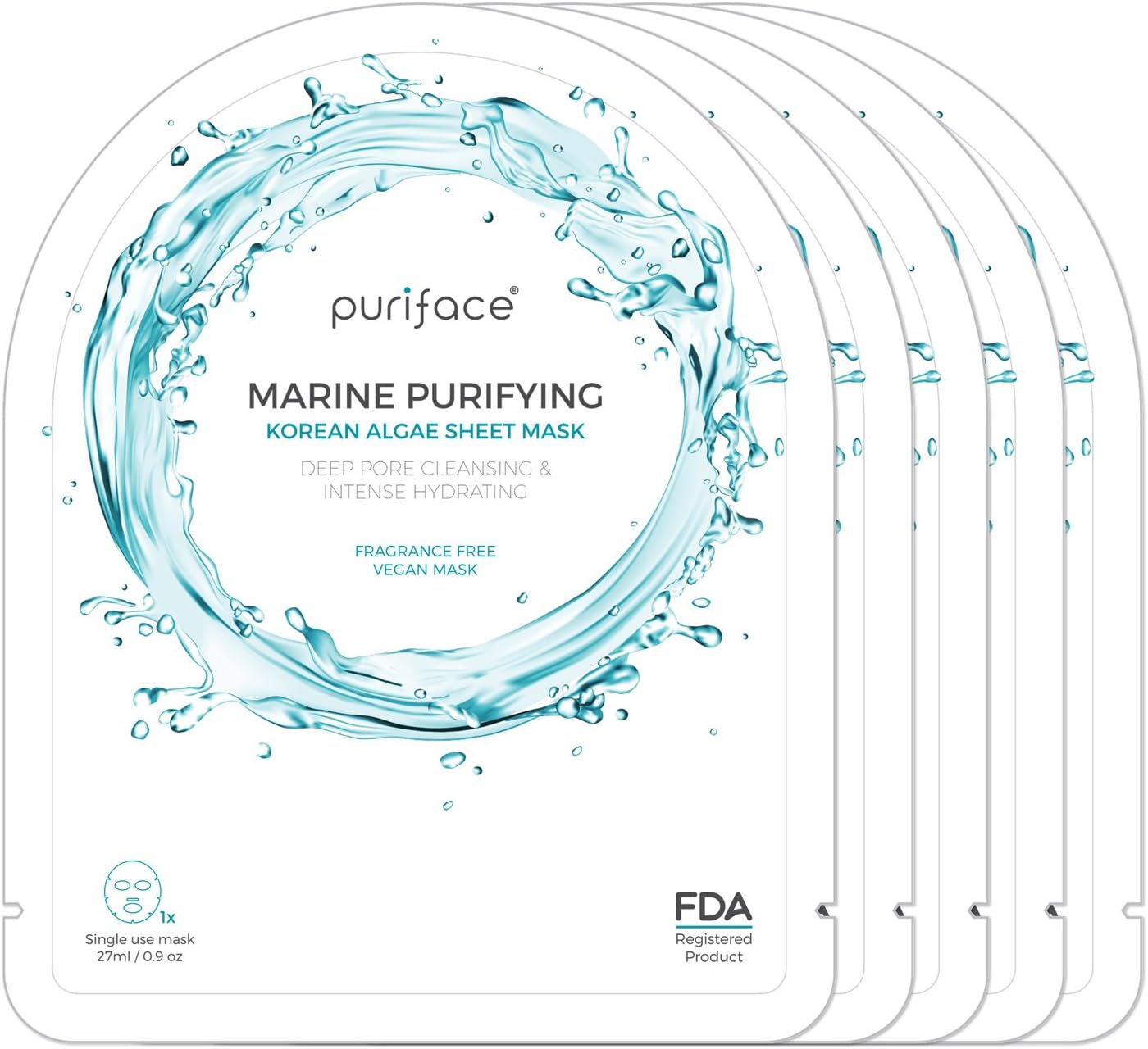 [Marine Purifying] Sheet Mask - Cleansing/Paraben Free/Pore Minimizing Vegan Facial Masks - 5 Pack