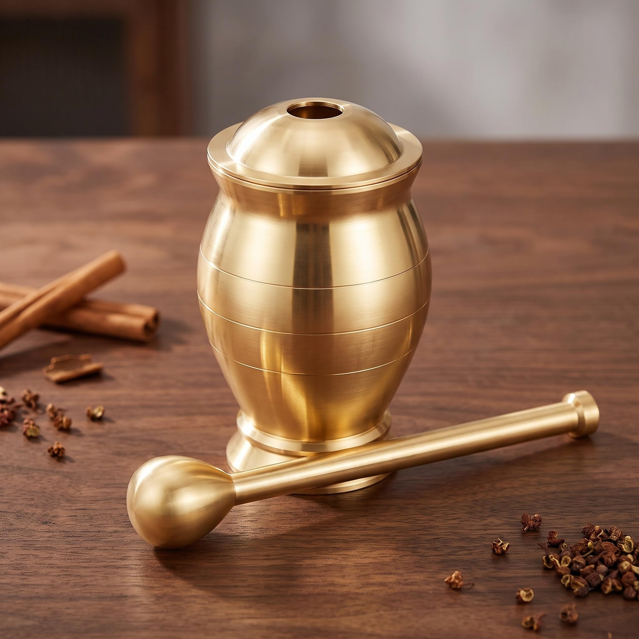 Mörser- Und Stößel-set Aus Messing, Manuelle Mühle, Mörser Und Stößel Mit Deckel, Gleichmäßiges Mahlen Ohne Ecken Und Kanten, Robust, Massiv Und Poliert, Für Gewürze, Knoblauch, Nüsse