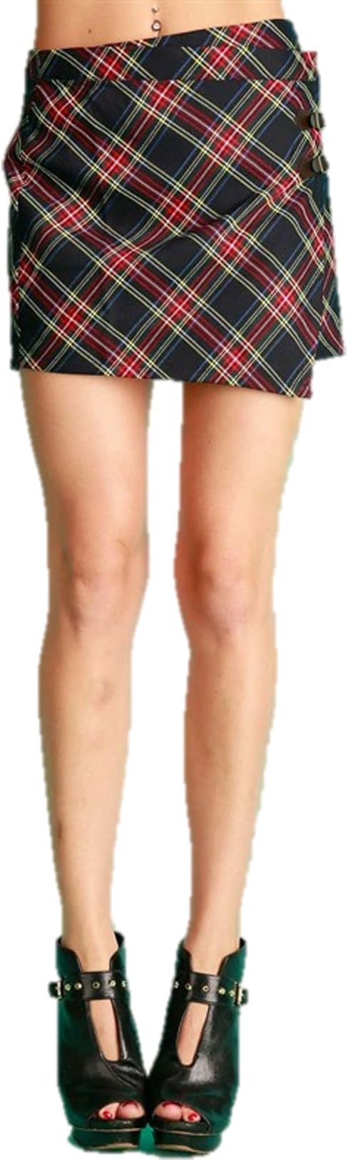 Womens Tartan Plaid Mini Wrap Skirt with Buckles Small Navy Tartan