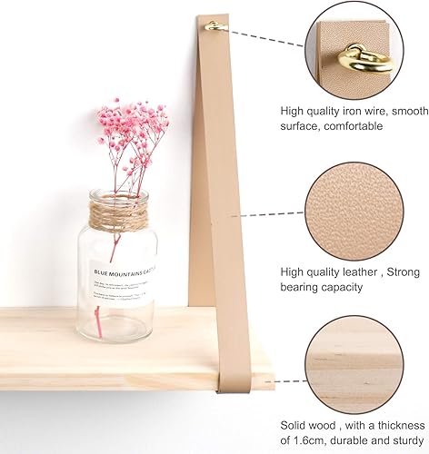 Miniatura 5 de Repisas de madera sostenidas por tiras de piel estante de madera flotantes decoración del hogar cocina sala dormitorio