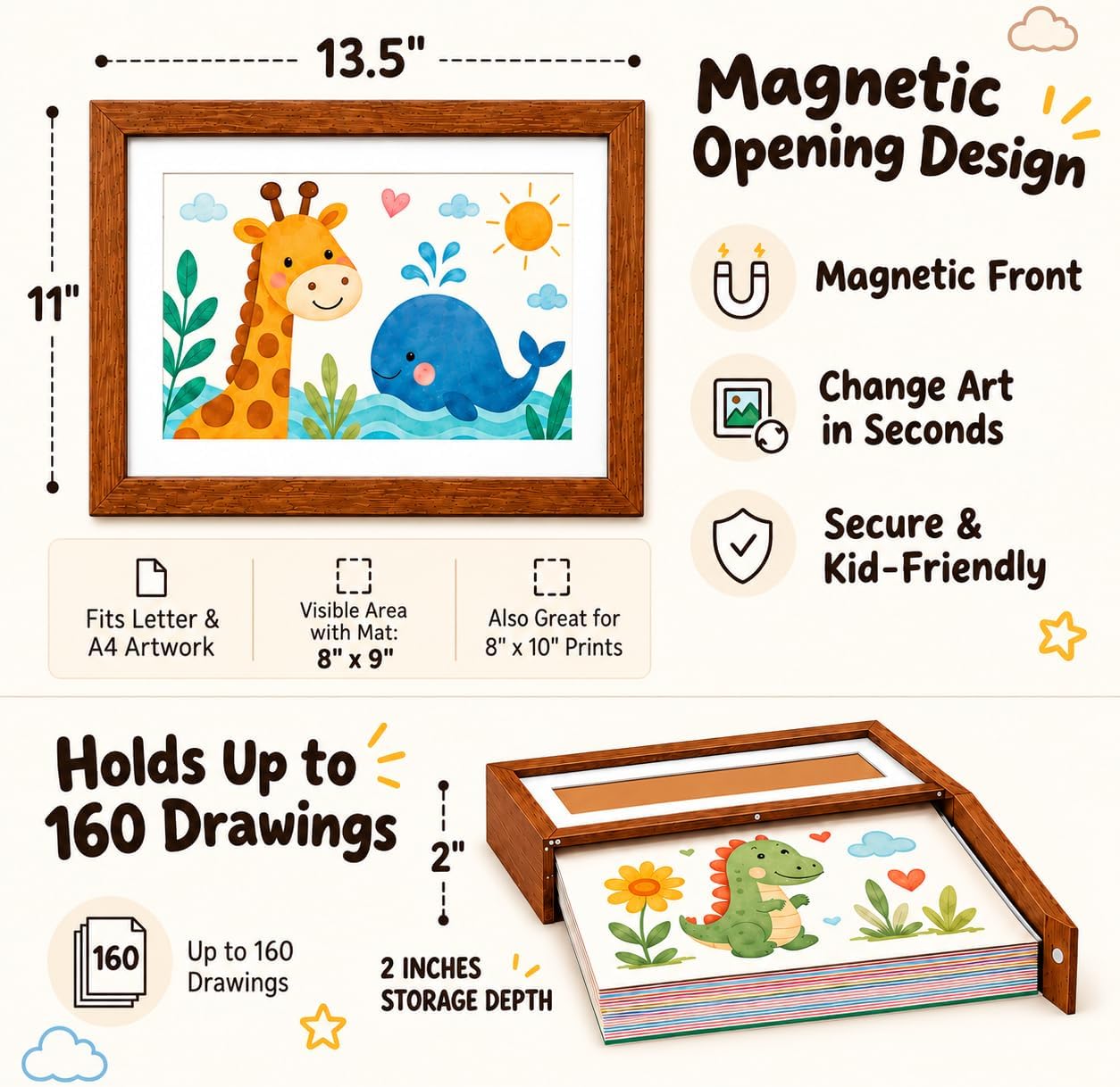 2-Pack Kids Art Frames 8.5x11, Changeable Display & Storage