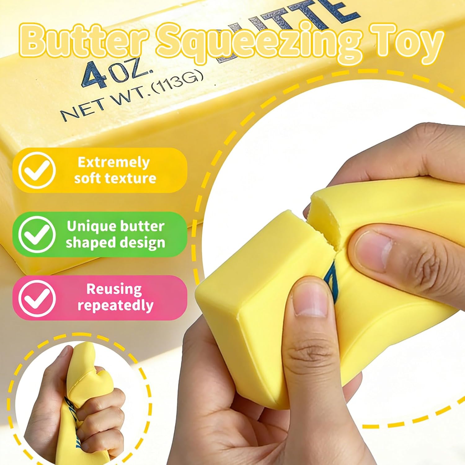 Butter Squishy Slow Rising Stress Relief Toy, Realistic Butter Stick Squeeze Toy, Soft PU Foam Fidget Toy for Anxiety & Sensory Relief, Cute Desk Decor for Kids & Adults, Office & School(1PCS)