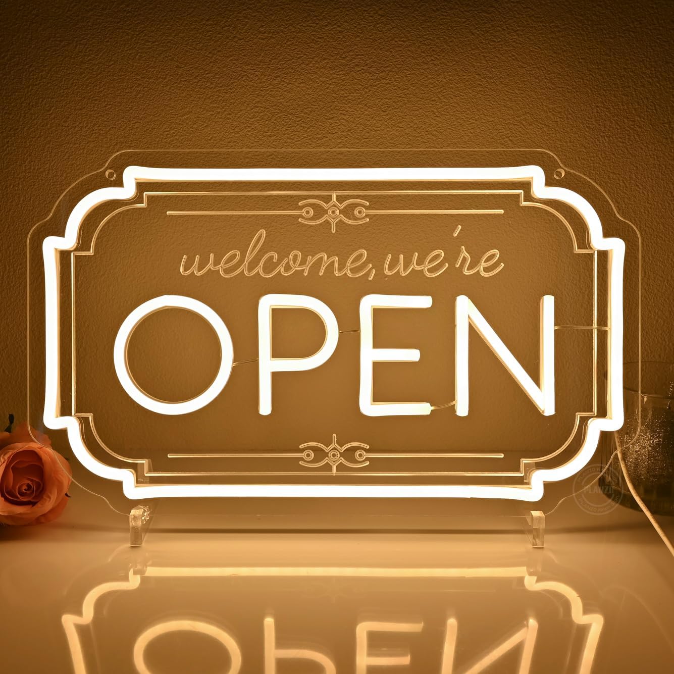 Planzo Led Light Up Neon Open Sign Welcome We Are Open Neon Signs for Business Shop Hotel Restaurant Bar Window Wall Decor USB Powered Dimmable Warm White Indoor Use