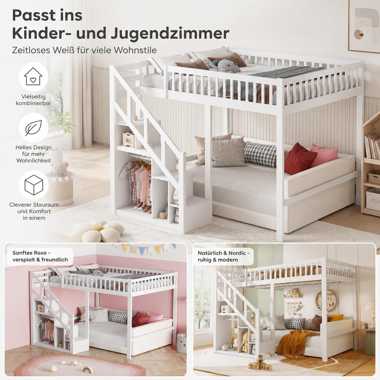 Etagenbett 90x200 cm für Kinder, Hochbett mit Treppe & Aufbewahrungsschrank, Massivholz, ohne Matratze