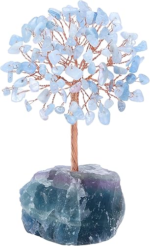 Jovivi Árbol de cristal de aguamarina natural, cristales curativos crudos, base de fluorita, árbol de dinero bonsái para decoración de mesa de disponible en Yaxa Peru