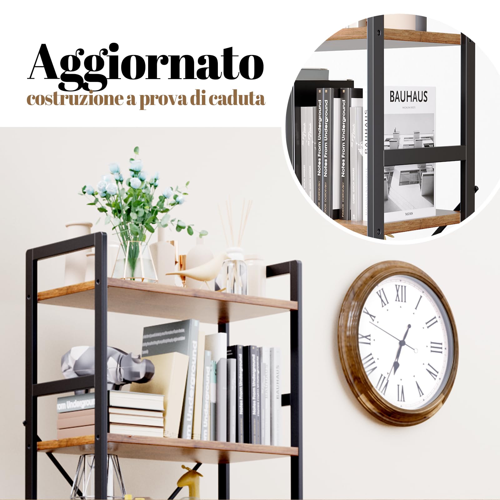 Libreria a 5 Ripiani, Scaffale Legno, Stile Industriale Librerie Verticale Portaoggetti per Ufficio, Cucina, Soggiorno, Camera da Letto, Studio (30 x 60 x 158 cm, Marrone Vintage e Nero)