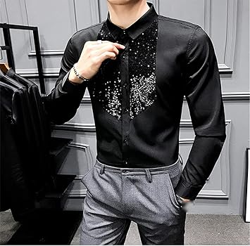 Sequin Tuxedo Men's Long Sleeves Casual Slim Formal Dress Shirt Street  Social Tops Black at Amazon Men's Clothing store
