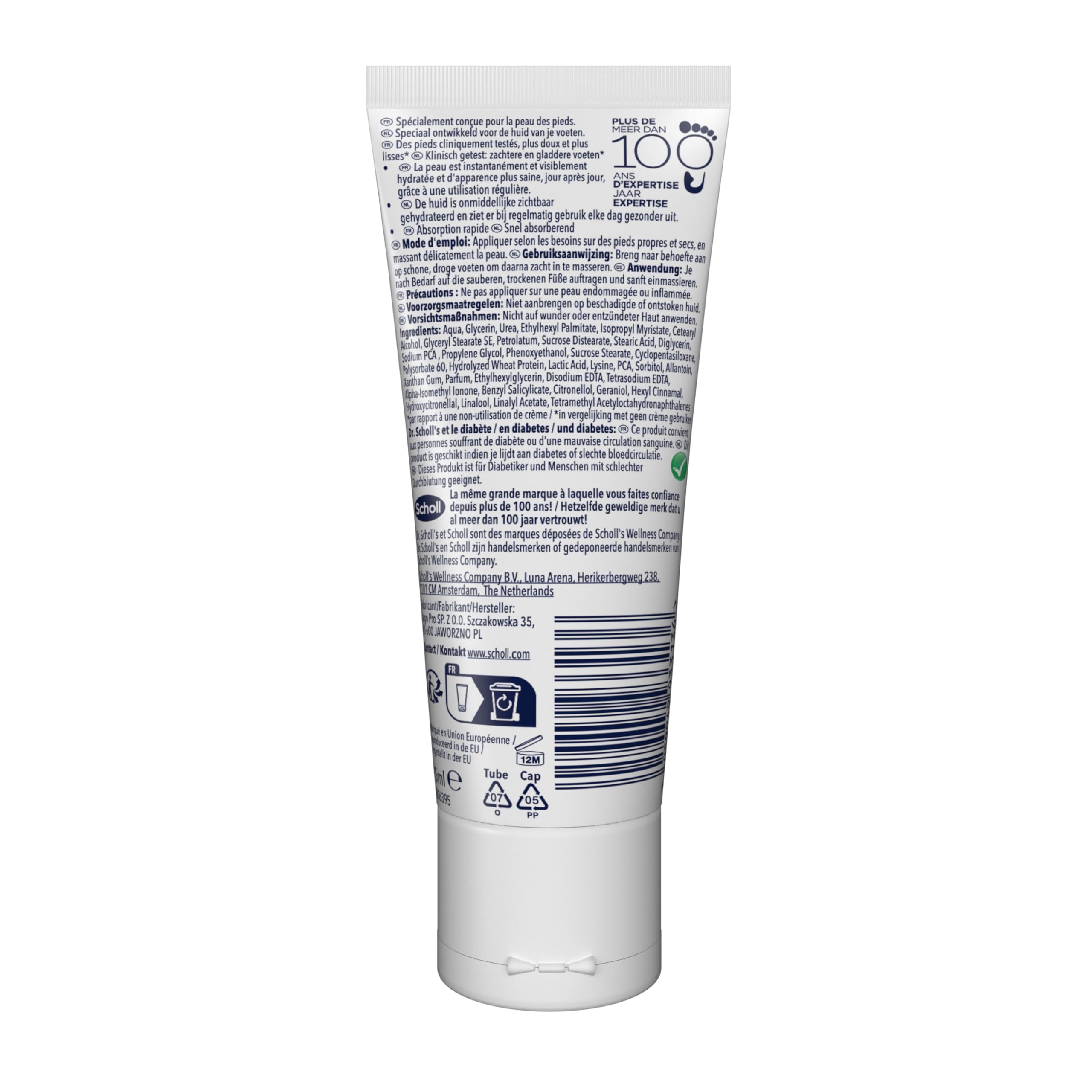 Dr. Scholl's Crème Pieds Hydratation Renforcée - Peaux Sèches et Abîmées - Glycerine Enrichie pour Pieds Plus Doux - Hydrate Immédiatement et Protège Contre Sécheresse - Confort Durable - 75ml