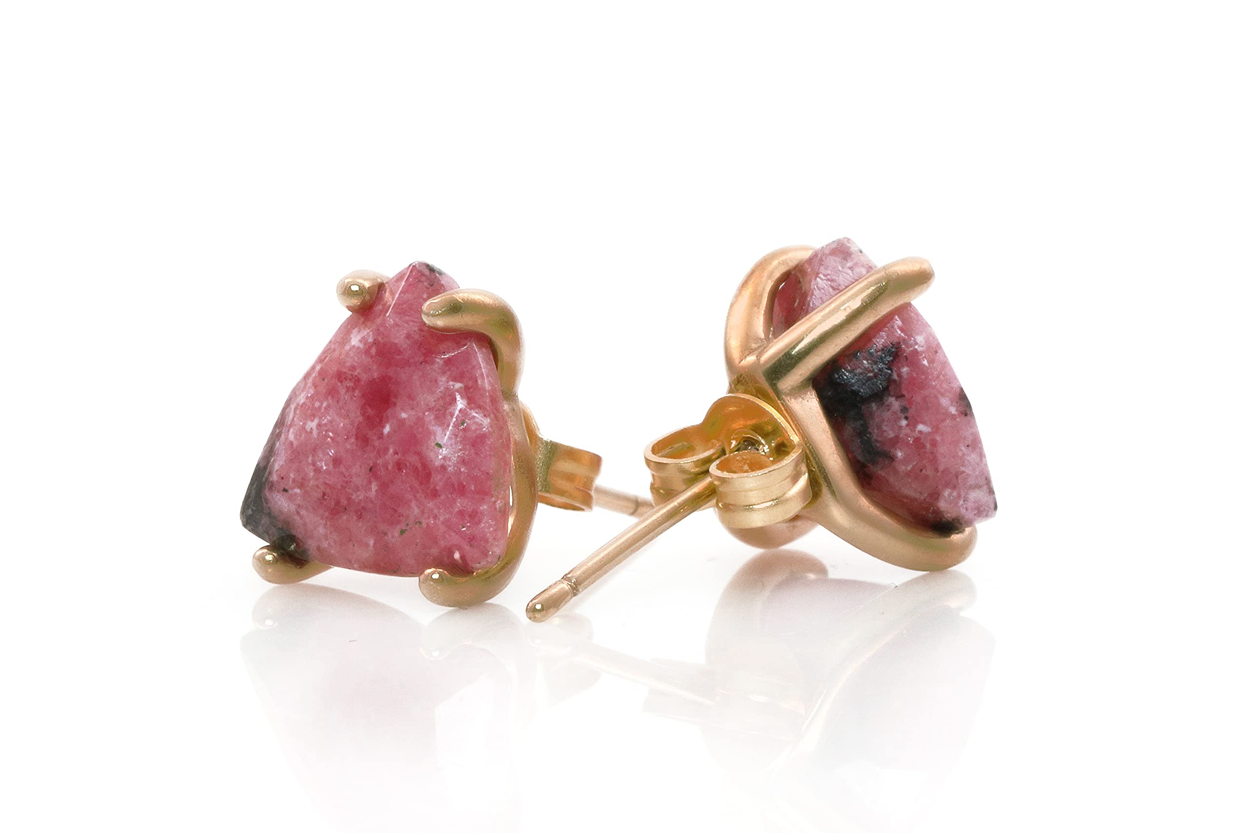 Orecchini di Cristallo di Rodonite Rosato - Orecchini Triangolari Fatti a Mano - Orecchini di Pietra Classica, Orecchini per Tutti i Giorni, Orecchini a Perno Oro - Gioielli Personalizzati per Donne