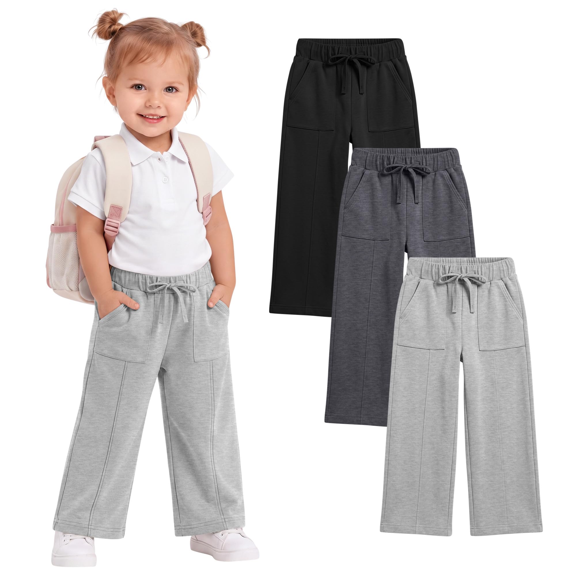 JoyMotion 3 Pack Toddler Girl's Wide Leg Baggy Sweatpants | Kids Open Bottom Pants with Pockets, Elastic Drawstring Waist, Soft Comfy Fabric, Athletic Casual Fit, School Playtime Wear