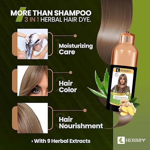 Miniatura 9 de HERBBY Champú de color de cabello para cobertura de cabello gris y transformación de color con 9 extractos de hierbas, larga duración (6-8 semanas),
