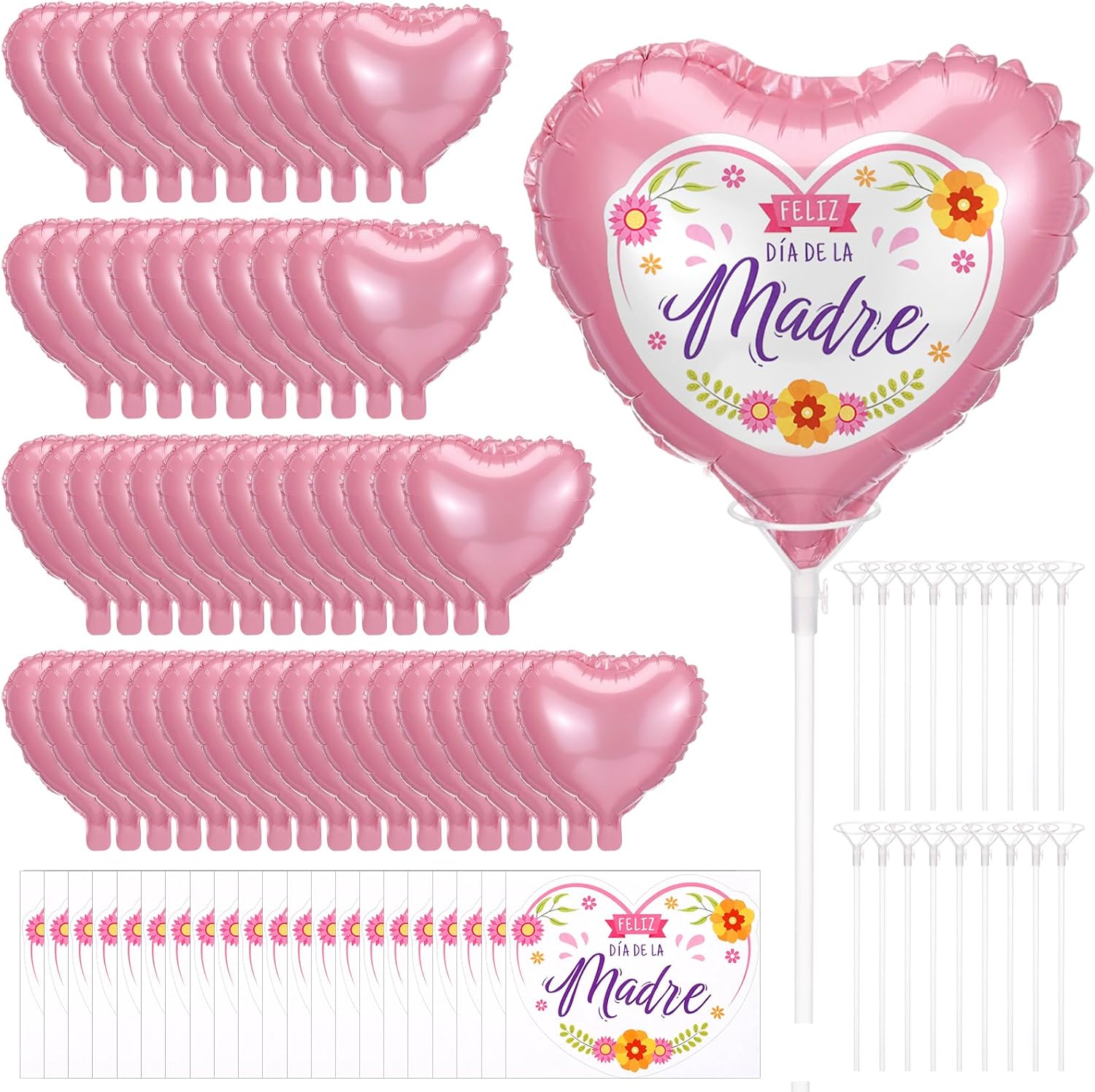 Miniinflat 50 Pack Spanish Happy Mother's Day Balloons 10 Inch, Feliz Dia De La Madre Pink Foil Heart Balloons with Sticks & DIY Stickers, Bulk Table Centerpiece Bouquet Decorations for Mom(Romantic)
