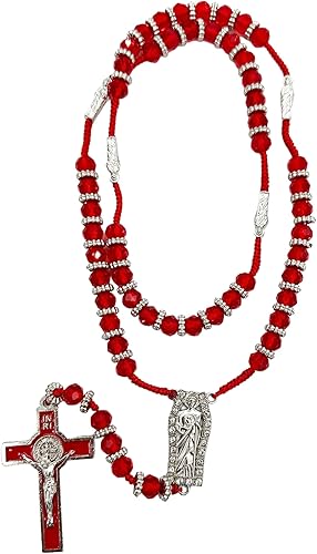 Miniatura 5 de Collar de crucifijo de rosario católico con cuentas de cristal San Judas Recuerdos de Bautizo Comunión Regalos religiosos (St Judas Rojo)