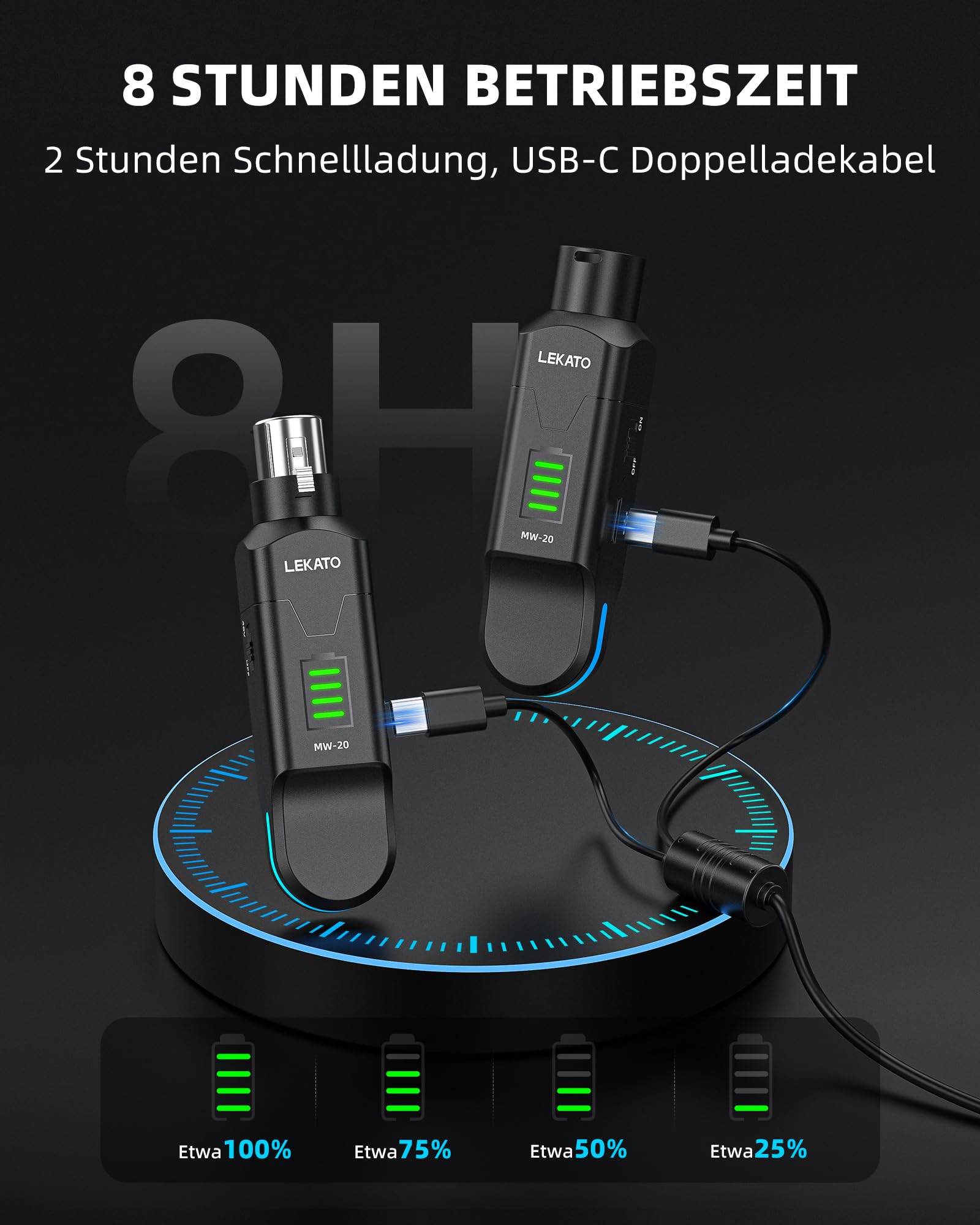 LEKATO 2,4 GHz Funkmikrofonsystem, XLR Sender Empfänger, 48V Phantomspeisung, für Kondensator & Dynamische Mikrofone, Plug & Play, 8 Std. Laufzeit, geeignet für PA, Mischpult, Live Auftritte (MW-20)