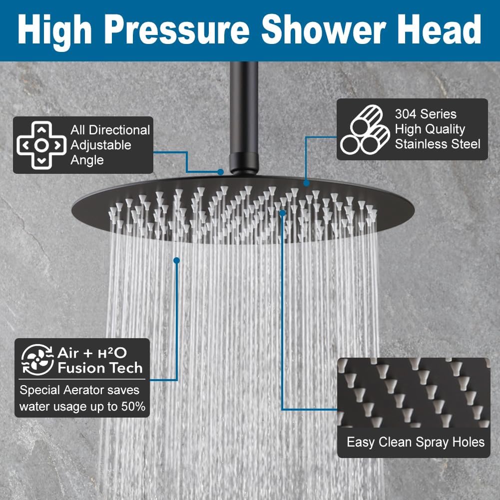 POP SANITARYWARE 12 Inch Ceiling Mount Shower Faucet Set Matte Black Round Ceiling Shower Head and Handle Set Bathroom Rain Shower System Include Shower Valve and Trim Kit