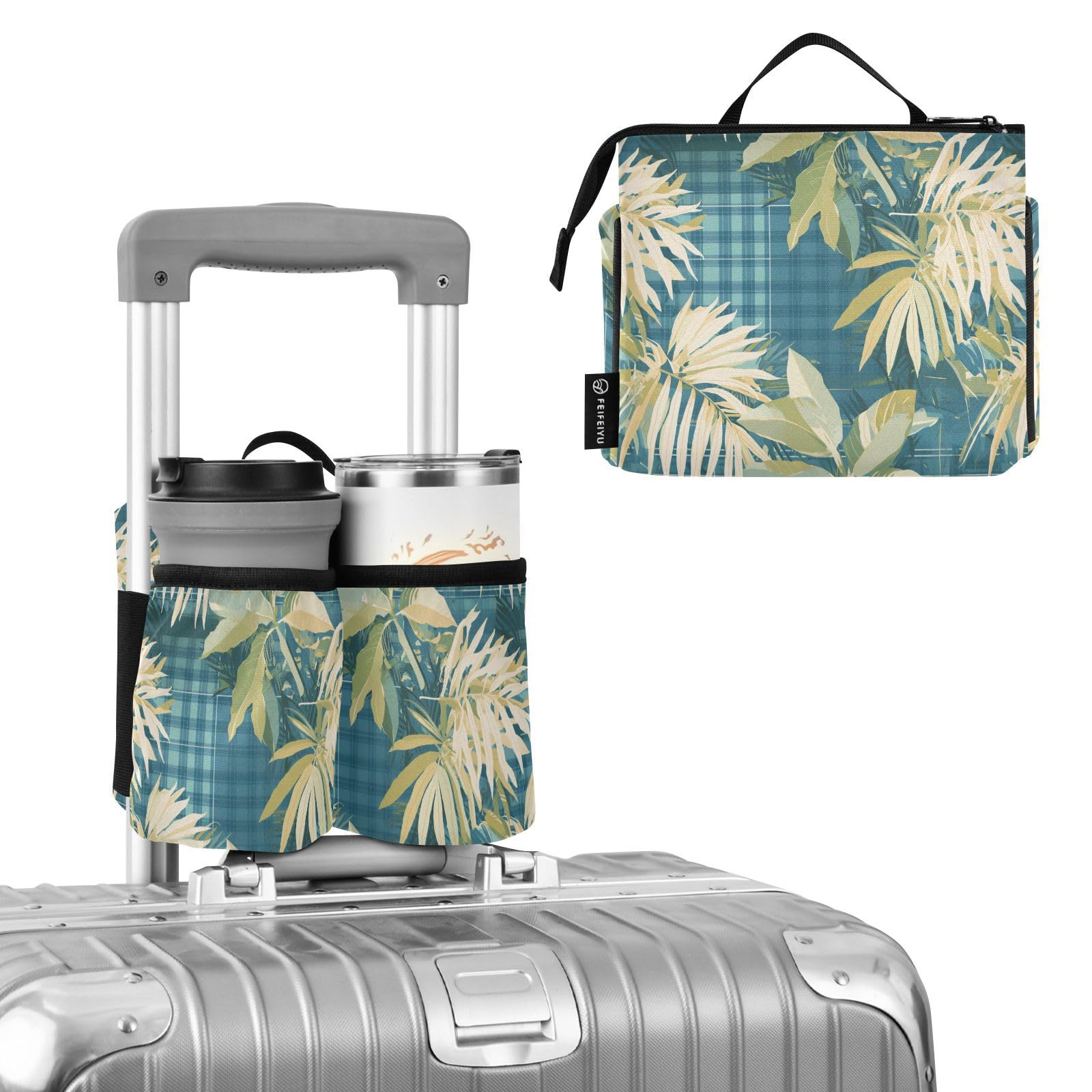 Travel Drink Cup Holder Portable Tropical Style Blue Plaid Green Leaves Dink Cup Holder Travel Accessories Gift Travelers Flight Attendants