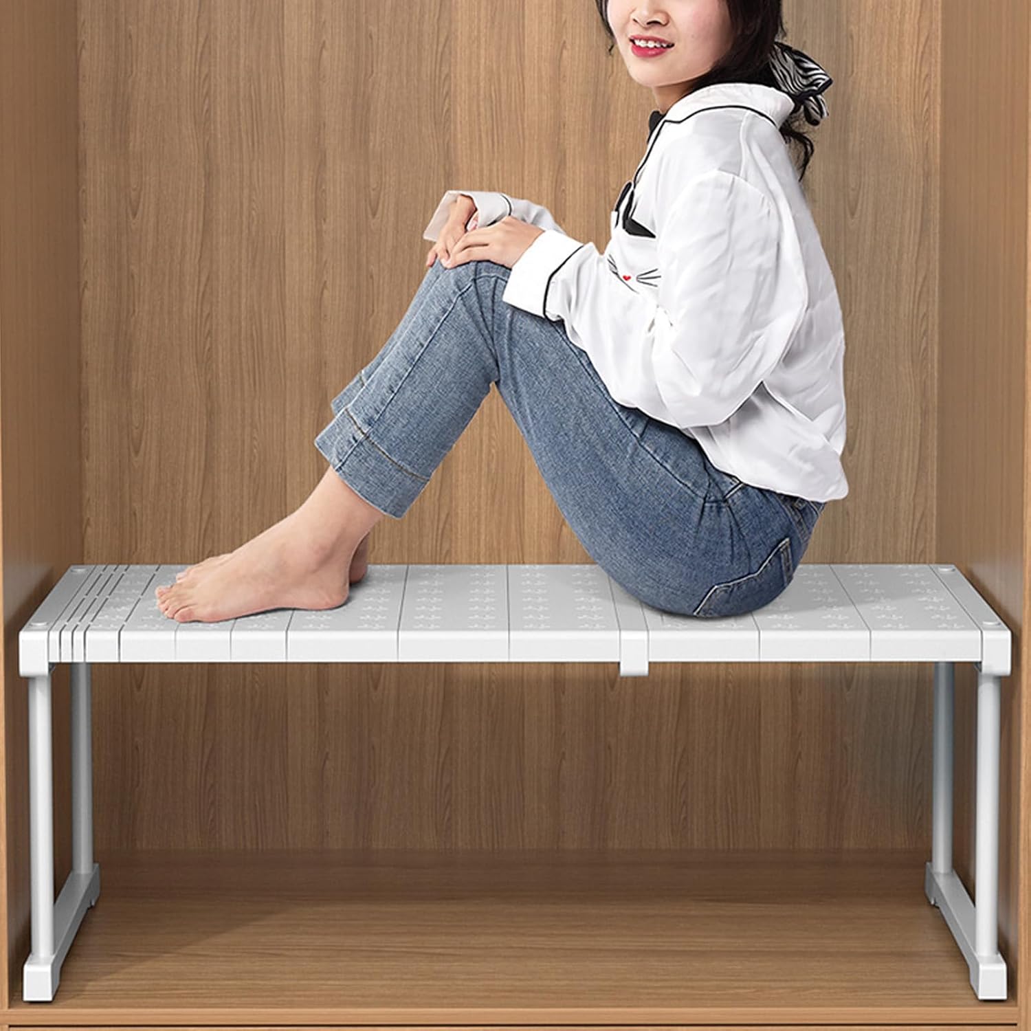 Expandable Closet Shelf Organizer, Adjustable Tension Shelf for Cabinets Wardrobes Sinks, Space Saving Organizer (Length 87‑108cm / 34.3‑42.5in)