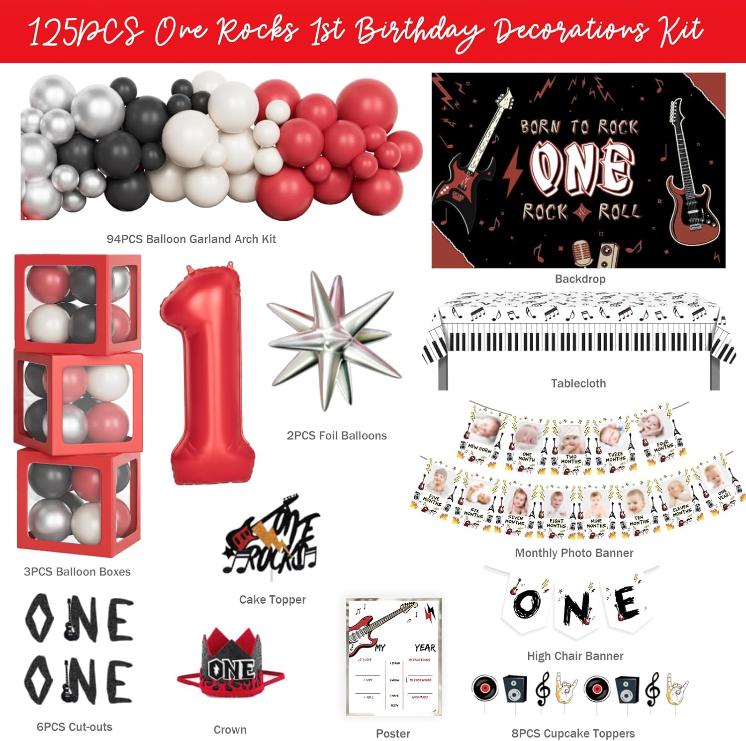 One Rocks 1st Birthday Decorations, Rock and Roll First Party Decorations, Born to Rock One Backdrop Balloon Banner Tablecloth Cake Topper Box Cutout Crown Poster for One Year Old Birthday