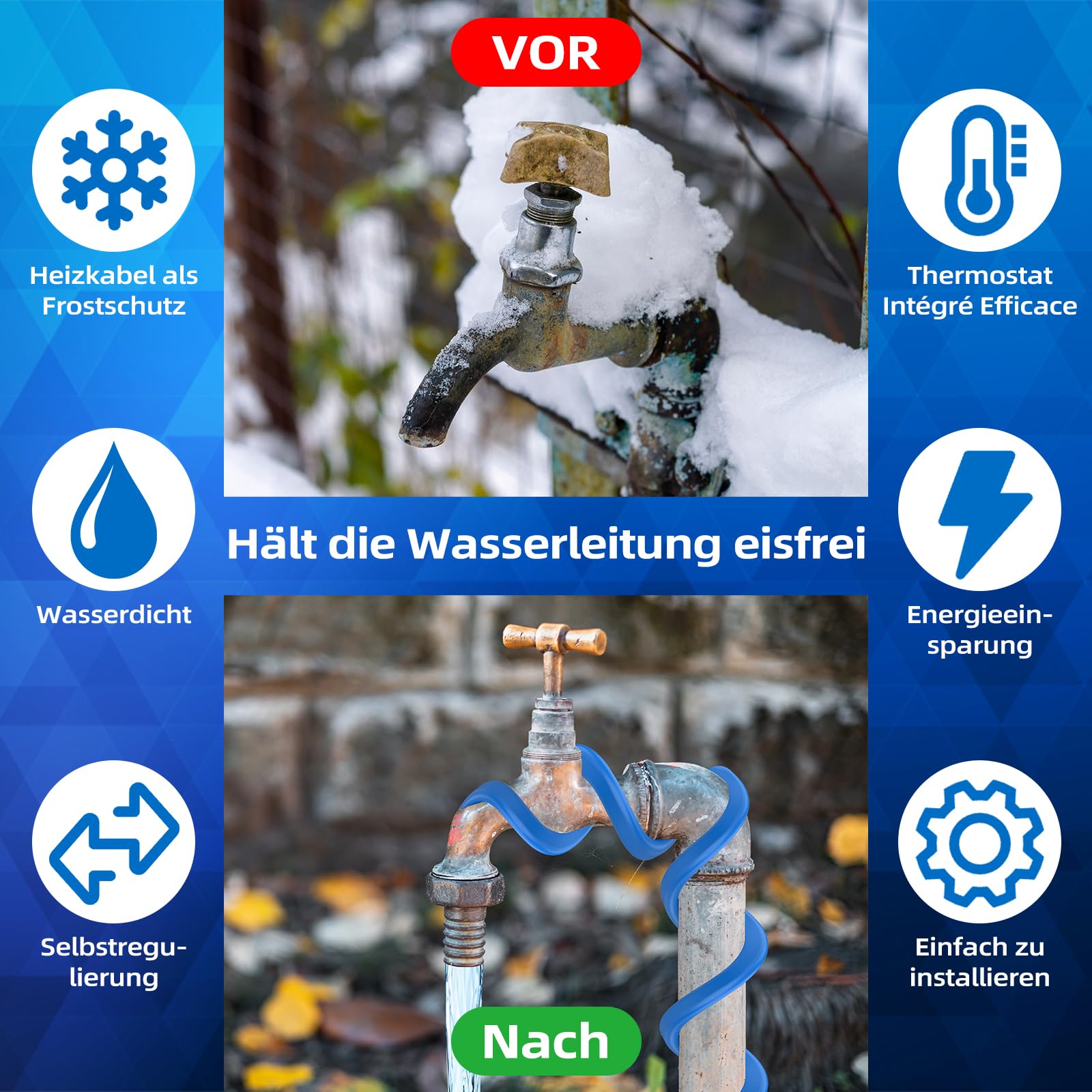 1-6M Frostschutz Heizkabel, selbstregulierend mit Thermostat, Wasserfest, für Wasserleitung, Rohrbegleitheizung, Dachrinnenheizung und Pflanzenheizung, VDE-zertifiziert, Spannung 230V(6M)