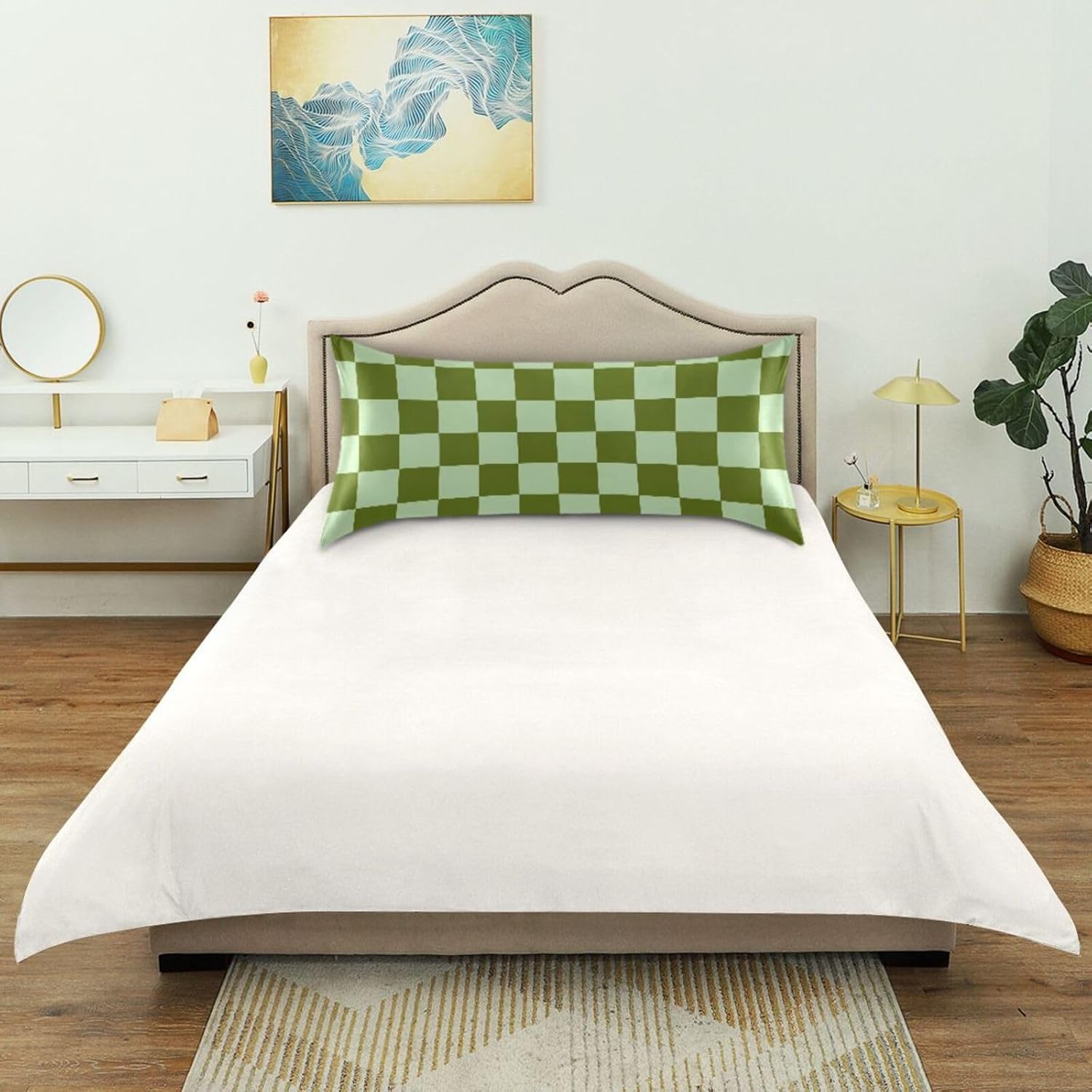 Checkerboard Green Plaid Print Pillow Covers Silk Pillowcase for Hair and Skin Soft Breathable Cooling Satin Pillowcase King Size Pillow Case for Women Girls Boys Room (20x30 Inch)