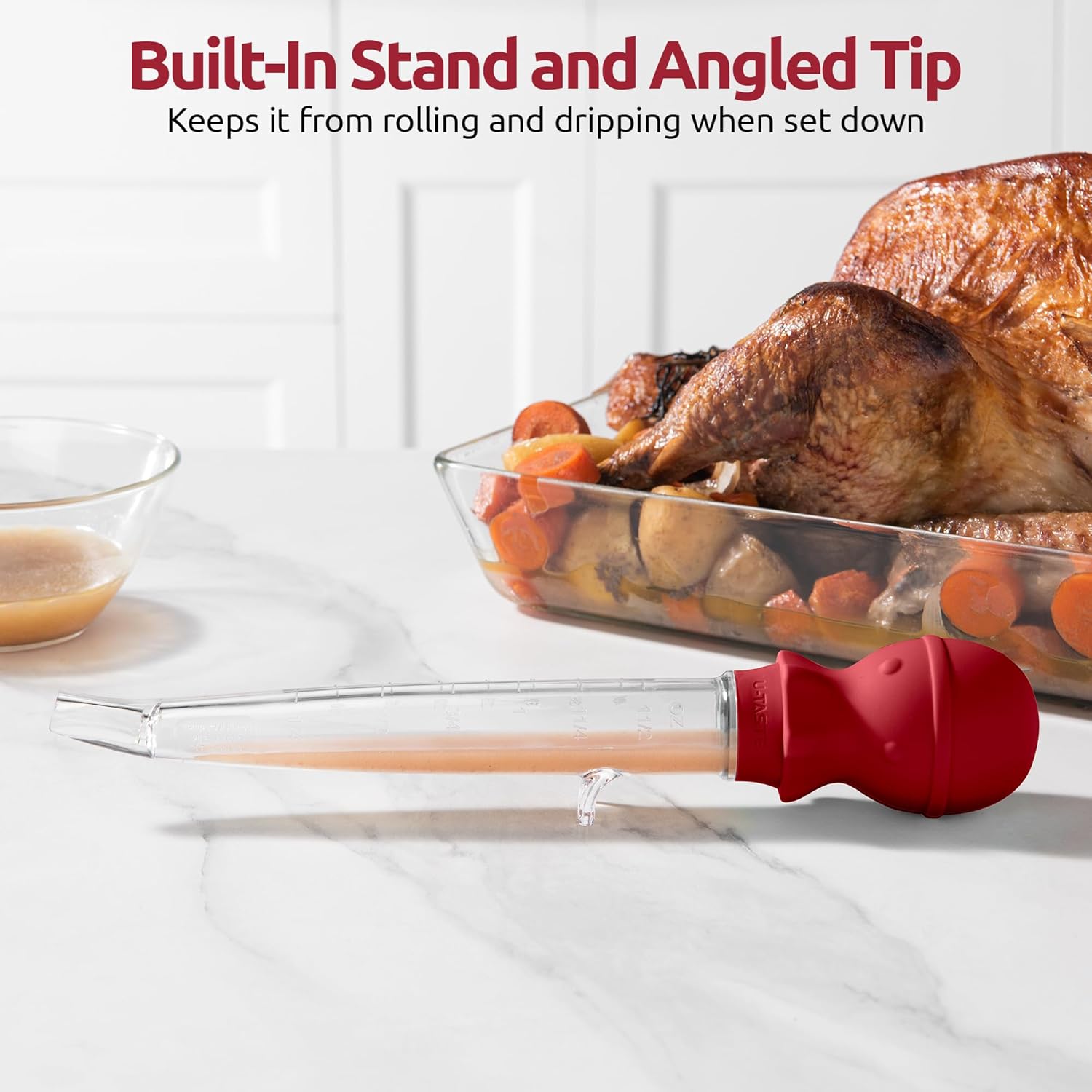 U-Taste 600ºF High Heat-Resistant Silicone Spatula Scraper Set of 4 and 1.5oz 228.2ºF Heat Resistant Angled Turkey Baster with Cleaning Brush for Cooking Basting (Red)