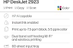 Imprimante tout-en-un couleur sans fil HP Deskjet 2923, Scanner, Copieur, Idéale pour la maison, Essai Instant Ink de 6 mois inclus - AI Activé (B18JWA)