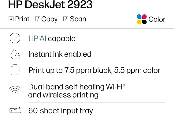HP DeskJet 2923 Wireless All-in-One Color Inkjet Printer, Scanner, Copier, 6 Month Trial of Instant Ink Included, AI-Capable (B18JWA)