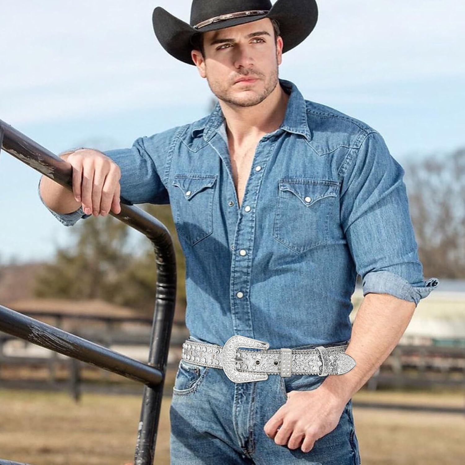 AWAYTR Rhinestone Belt for Women Men - Western Cowgirl Sequin Diamond Bling Studded Belts for Jeans Pants - Image 4