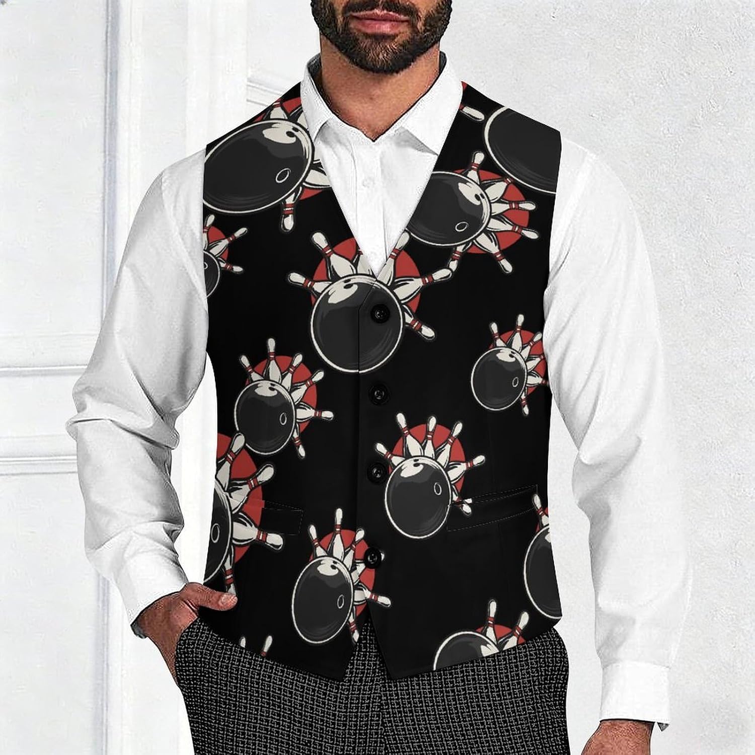 Bowling Pins And Ball Men's Suit Vest Formal Vests Casual Dress Fit Waistcoat Casual Tuxedo for Business