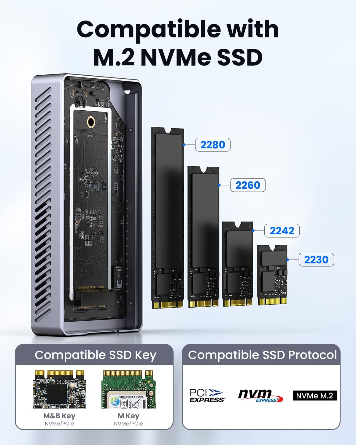 M.2 NVMe SSD Enclosure: USB 4.0 40Gbps Tool-Free Aluminum Enclosure with Cooling Fan, Support UASP Trim PCIe M/B+M Key, Compatible with 2230/2242/2260/2280 SSDs