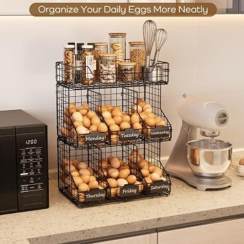Egg Holder Countertop, 3-Tier Egg Rack, Stackable Wire Baskets